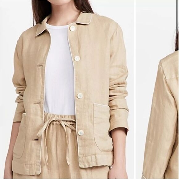 Alex Mill PJ Shirt Jacket (“Shacket”) in Tan Linen with White Piping - Picture 1 of 7